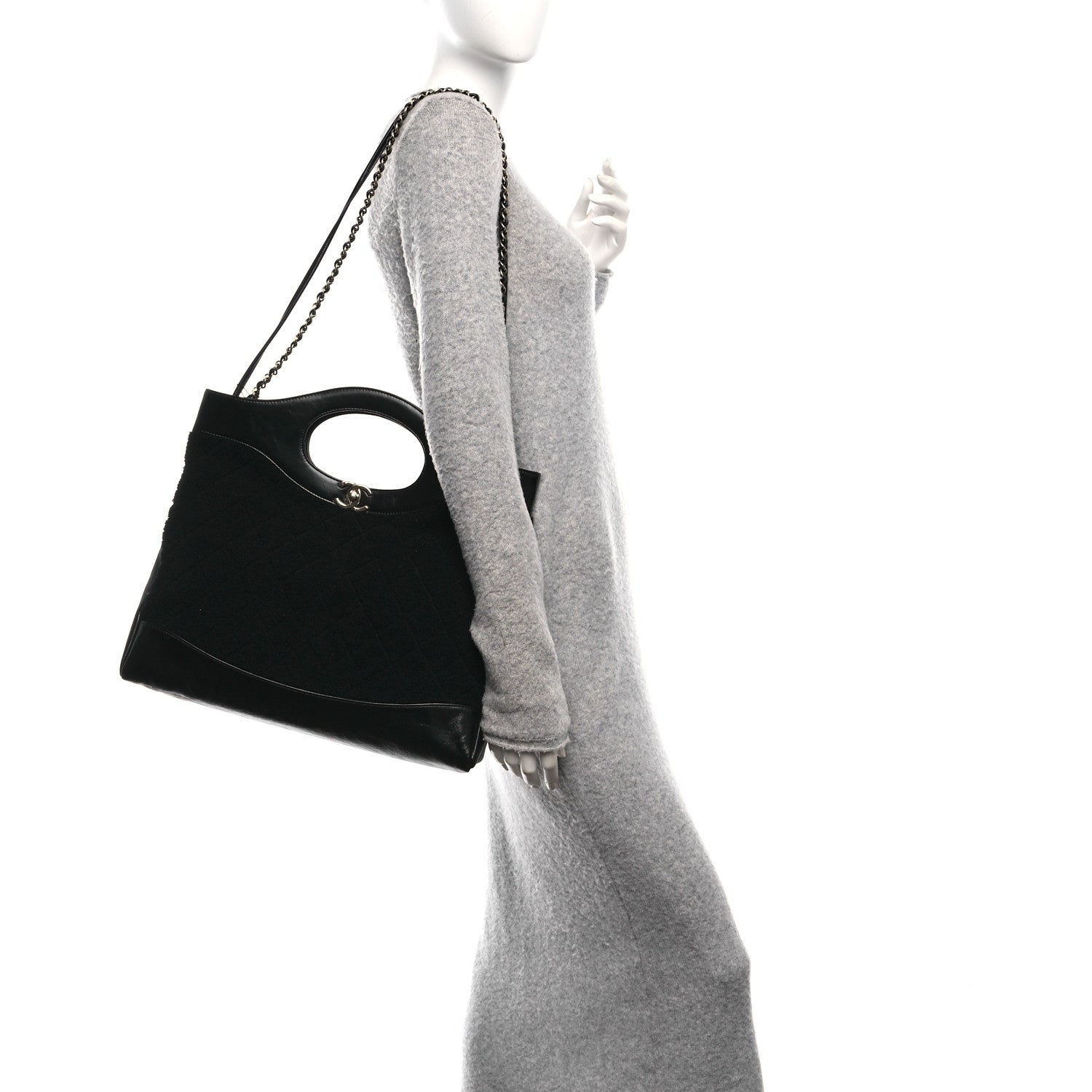 Chanel Shiny Crumpled Calfskin Wool Large 31 Shopping Bag Navy Blue Black 2 of 10