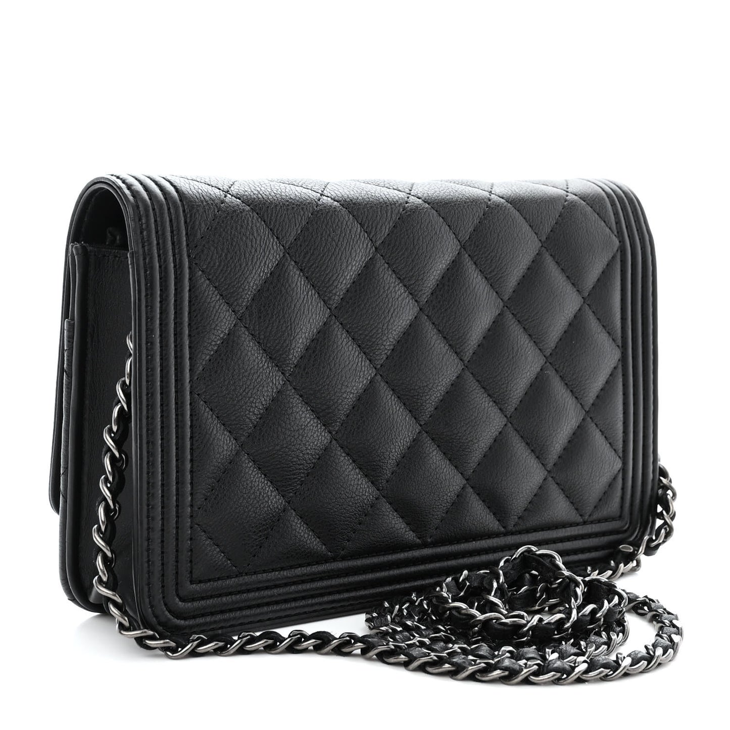 Grained Calfskin Quilted Boy Wallet On Chain WOC Black