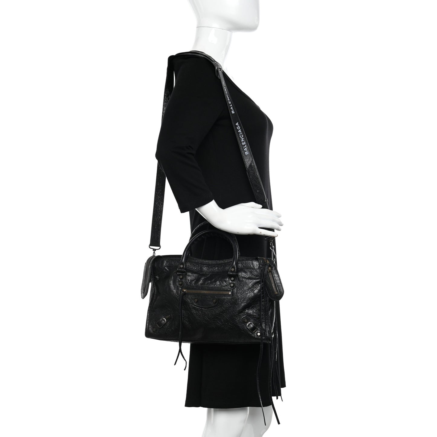 Agneau Classic Hardware S City Logo Strap Black White
