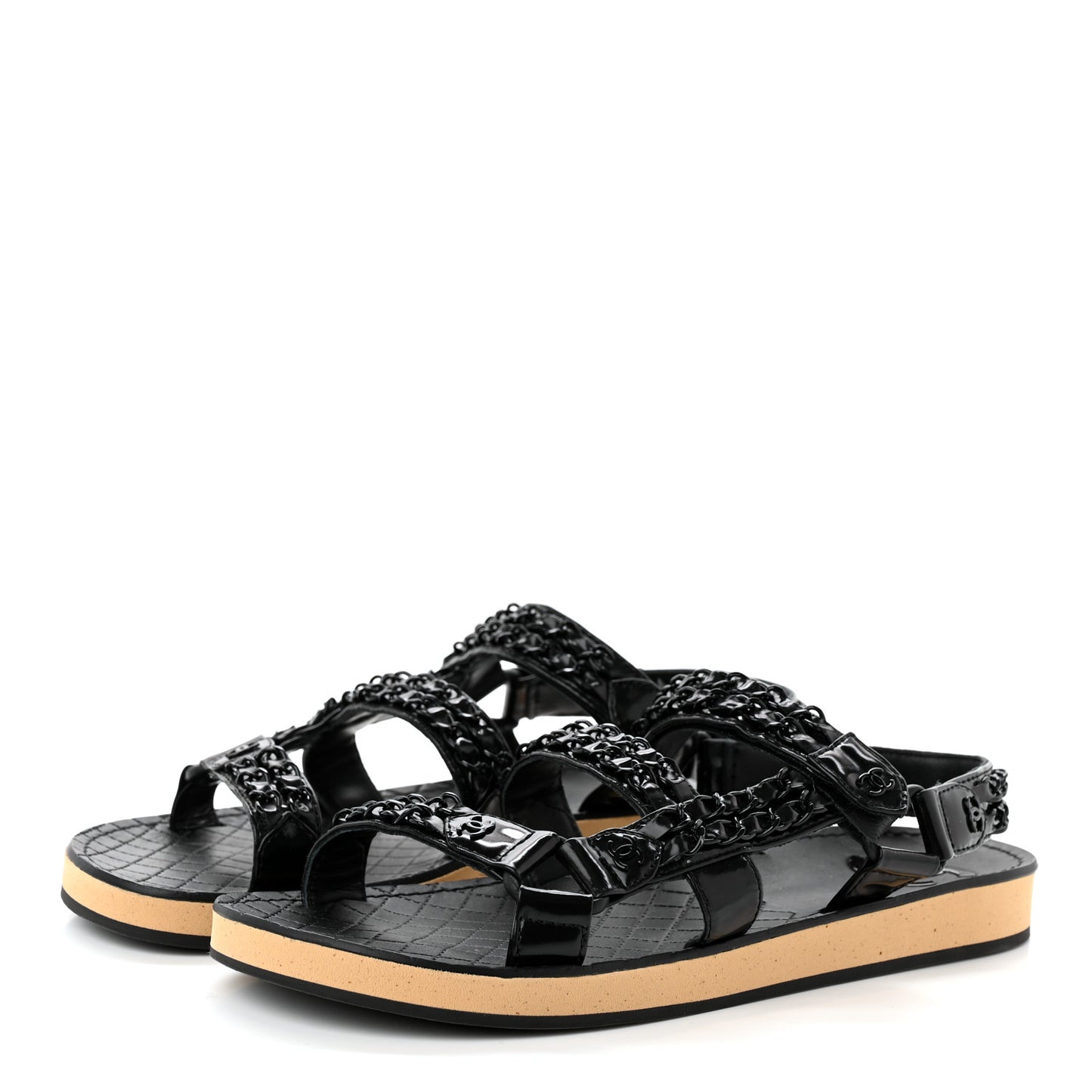 Laminated Goatskin Chain Sandals 39 Black