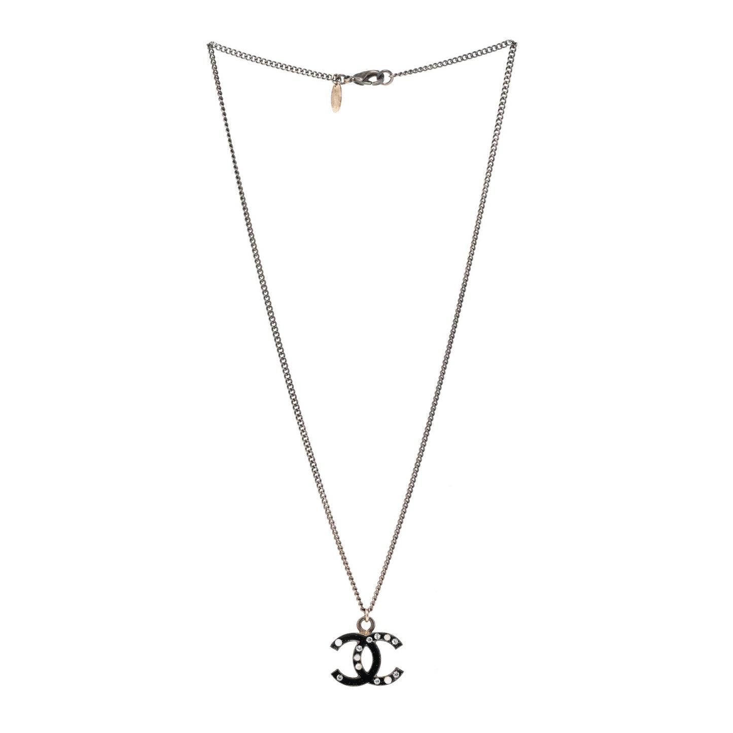 Enamel Crystal Pearl CC Pendant Necklace Ruthenium