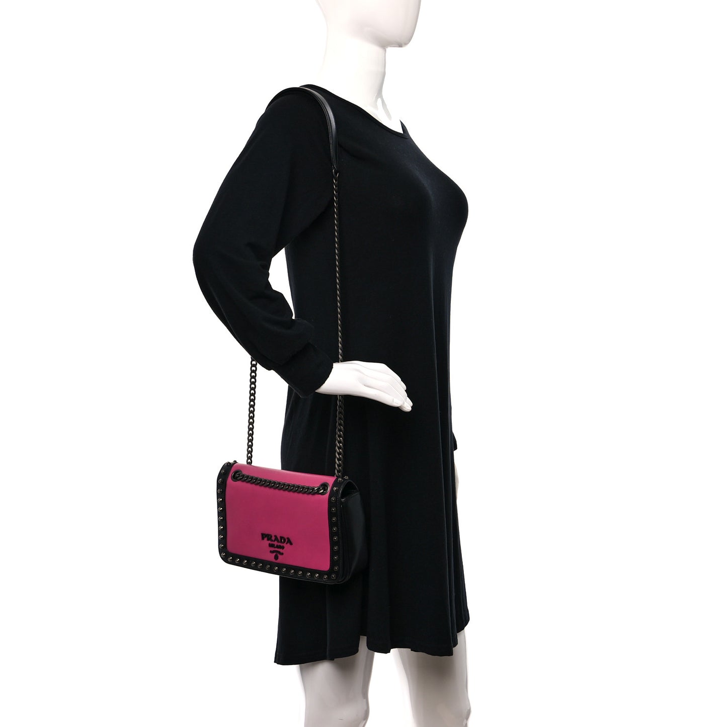 Glace Calfskin Studded Crossbody Fuxia Black
