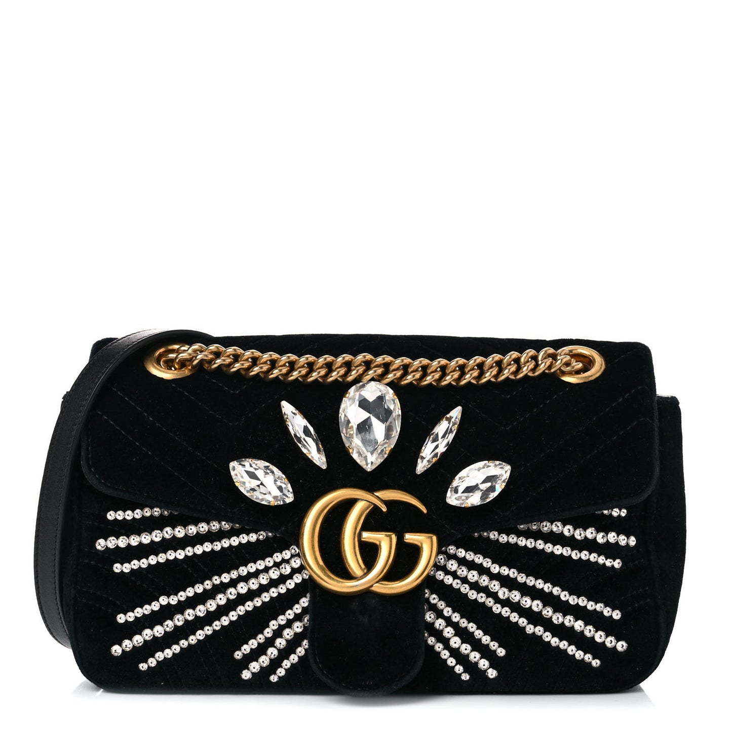 Velvet Matelasse Marquise Crystals Embroidered Small GG Marmont Shoulder Bag Black