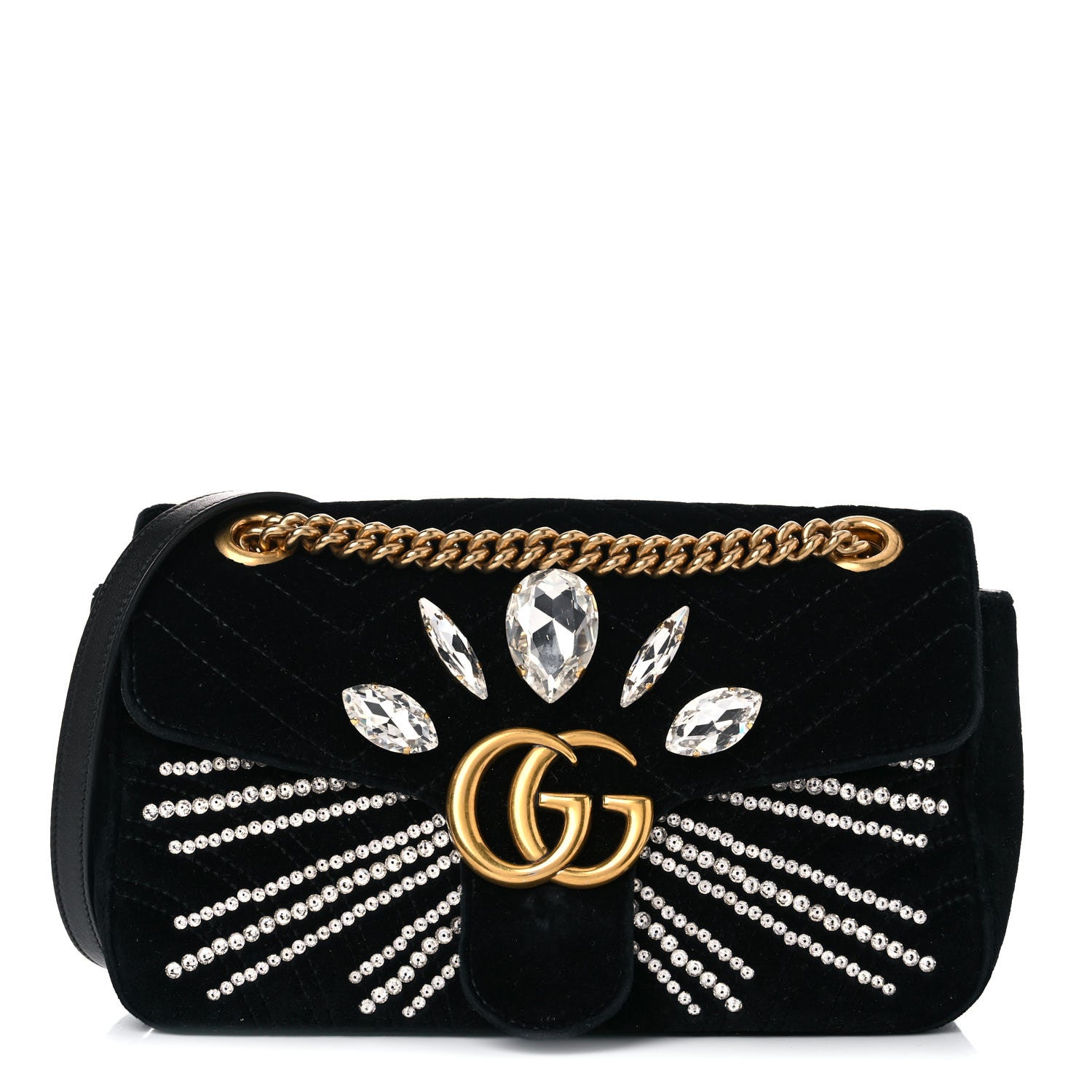 Gucci Velvet Matelasse Marquise Crystals Embroidered Small GG Marmont Shoulder Bag Black 1 of 17