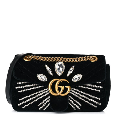Gucci Velvet Matelasse Marquise Crystals Embroidered Small GG Marmont Shoulder Bag Black 1 of 17