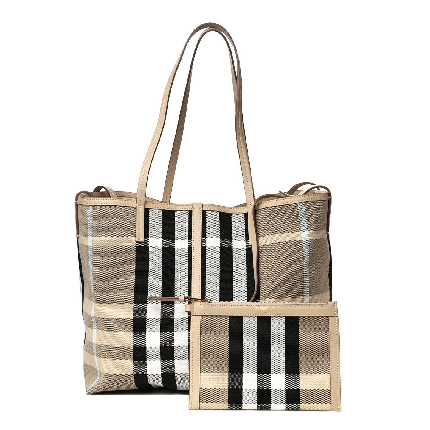Canvas Calfskin Medium Check Beach Tote Dusty Sand