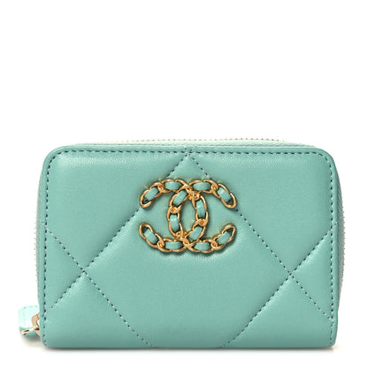 Chanel Lambskin Quilted Chanel 19 Zip Around Coin Purse Wallet Light Green 1 of 8