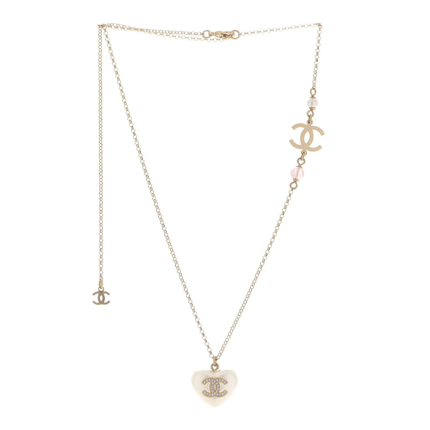 Chanel Resin Crystal CC Heart Necklace Pearly White Gold 3 of 6