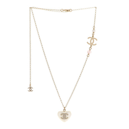 Chanel Resin Crystal CC Heart Necklace Pearly White Gold 3 of 6