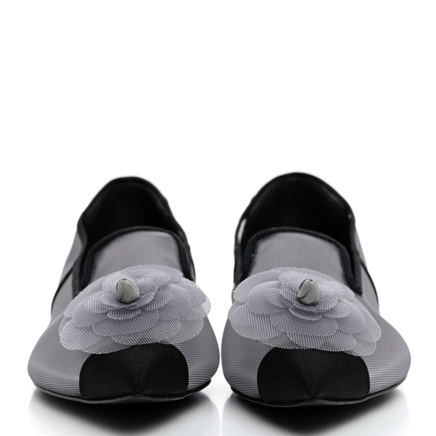 Mesh Grosgrain Camellia Mocassin Loafers 36 Grey Black