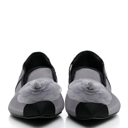 Chanel Mesh Grosgrain Camellia Mocassin Loafers 36 Grey Black 2 of 8
