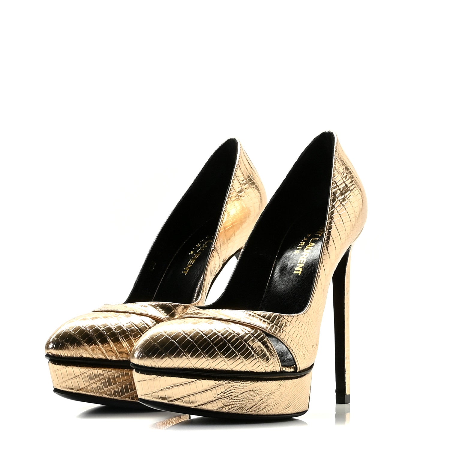 Saint Laurent Metallic Lizard Calfskin Embossed Janis 105 Escarpin Cut Out Pump 35 Pale Gold 2 of 13