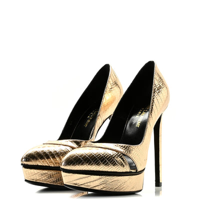 Saint Laurent Metallic Lizard Calfskin Embossed Janis 105 Escarpin Cut Out Pump 35 Pale Gold 2 of 13
