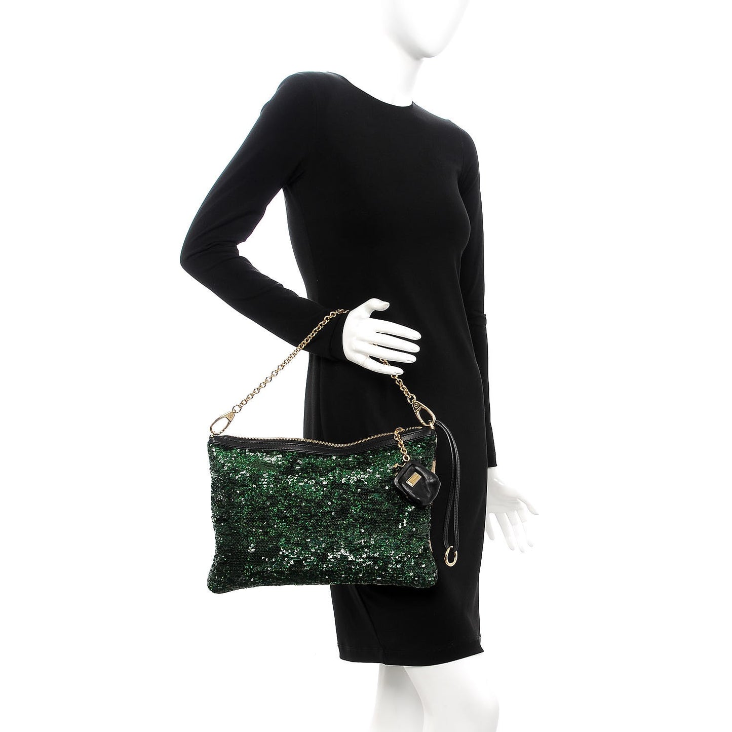 Sequin Leopard Print Calf Hair Chain Clutch Beige Bottle Green