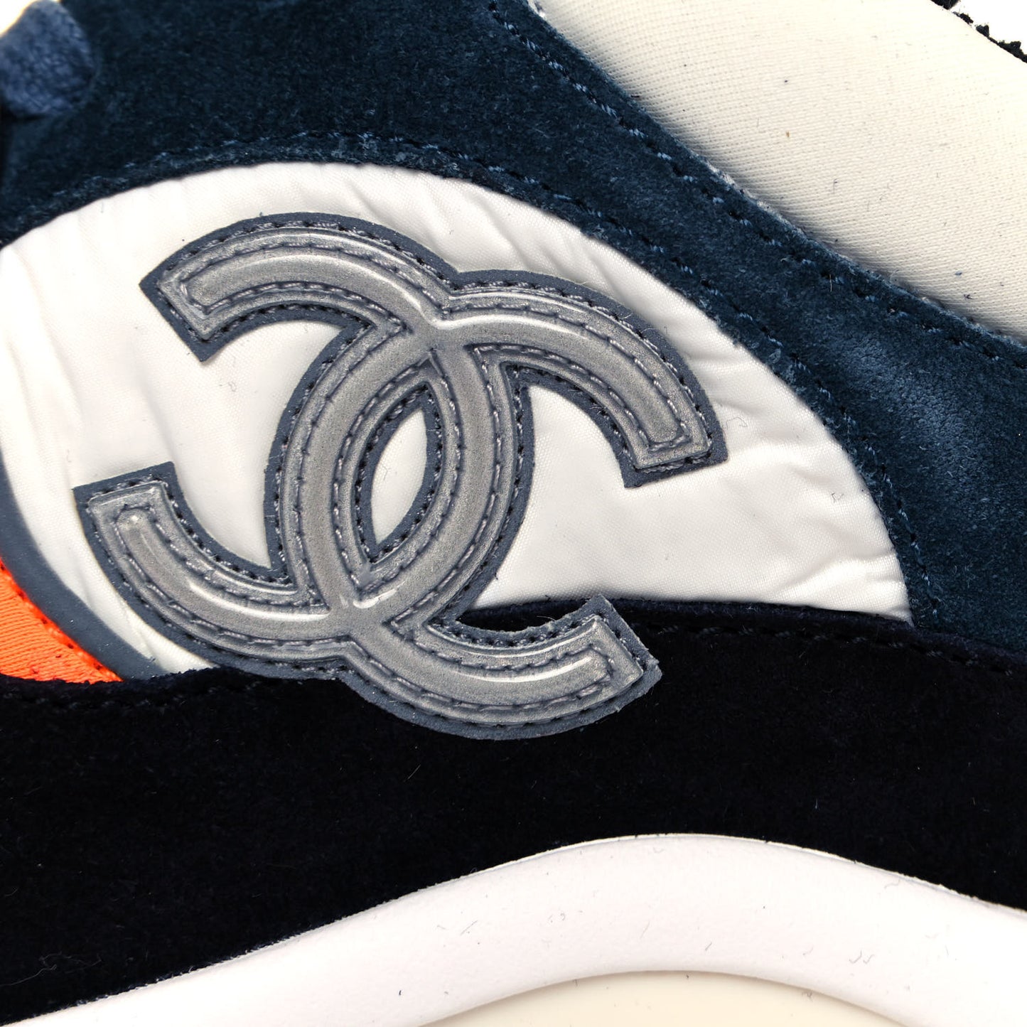Nylon Calfskin Suede CC Womens Sneakers 35.5 Navy White Orange