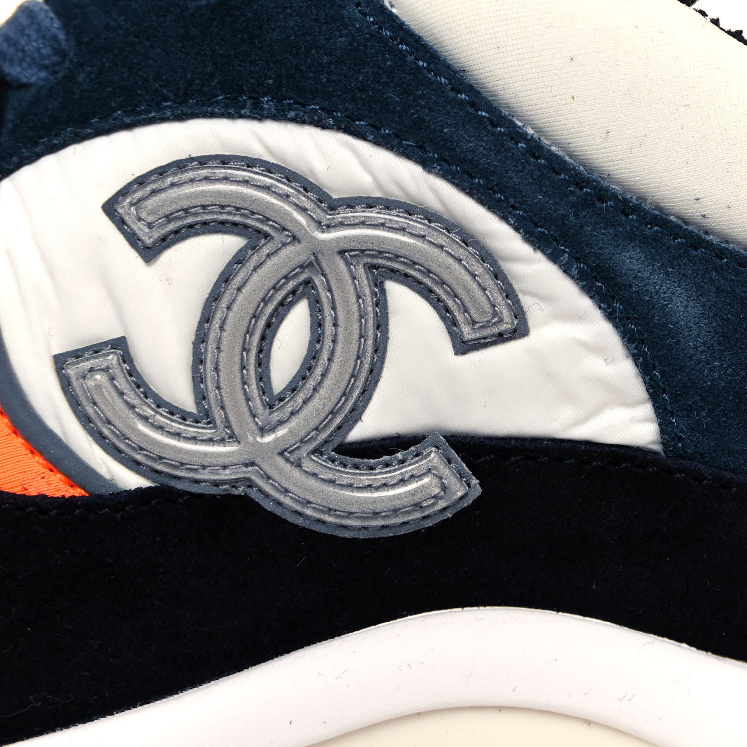 Chanel Nylon Calfskin Suede CC Womens Sneakers 35.5 Navy White Orange 7 of 8