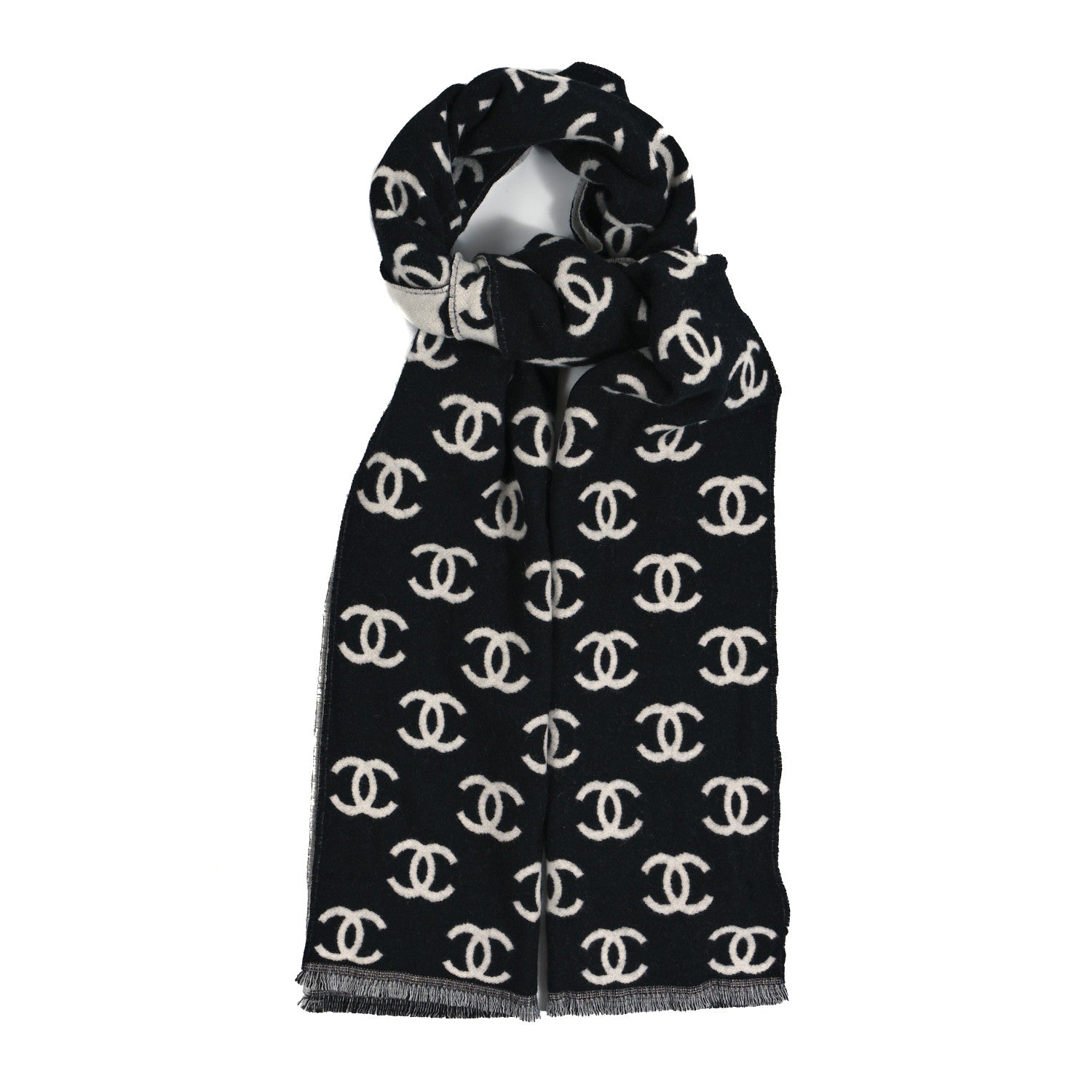 Chanel Wool Cashmere CC Scarf Black White 1 of 4