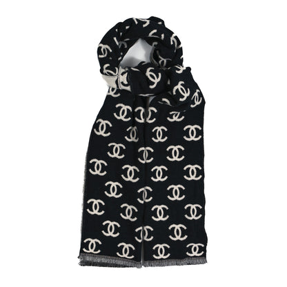 Chanel Wool Cashmere CC Scarf Black White 1 of 4