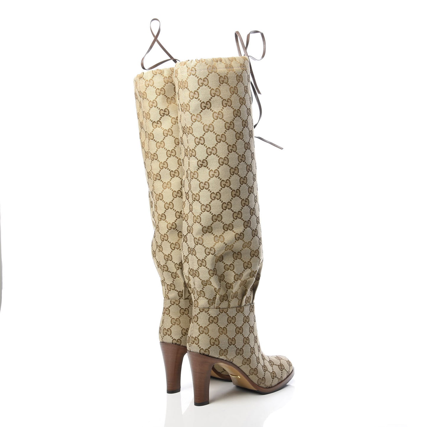 Monogram Malaga Kid Lisa Mid Heel Boots 35.5 Beige Ebony