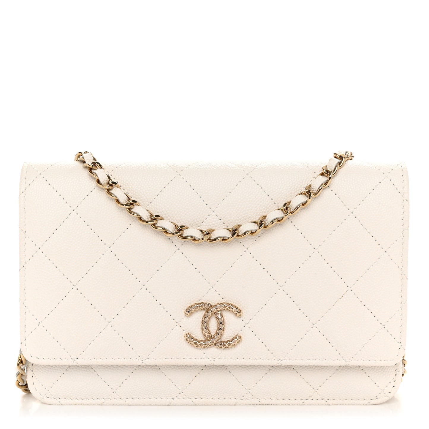 Caviar Quilted Perforated Metal CC Wallet On Chain WOC White