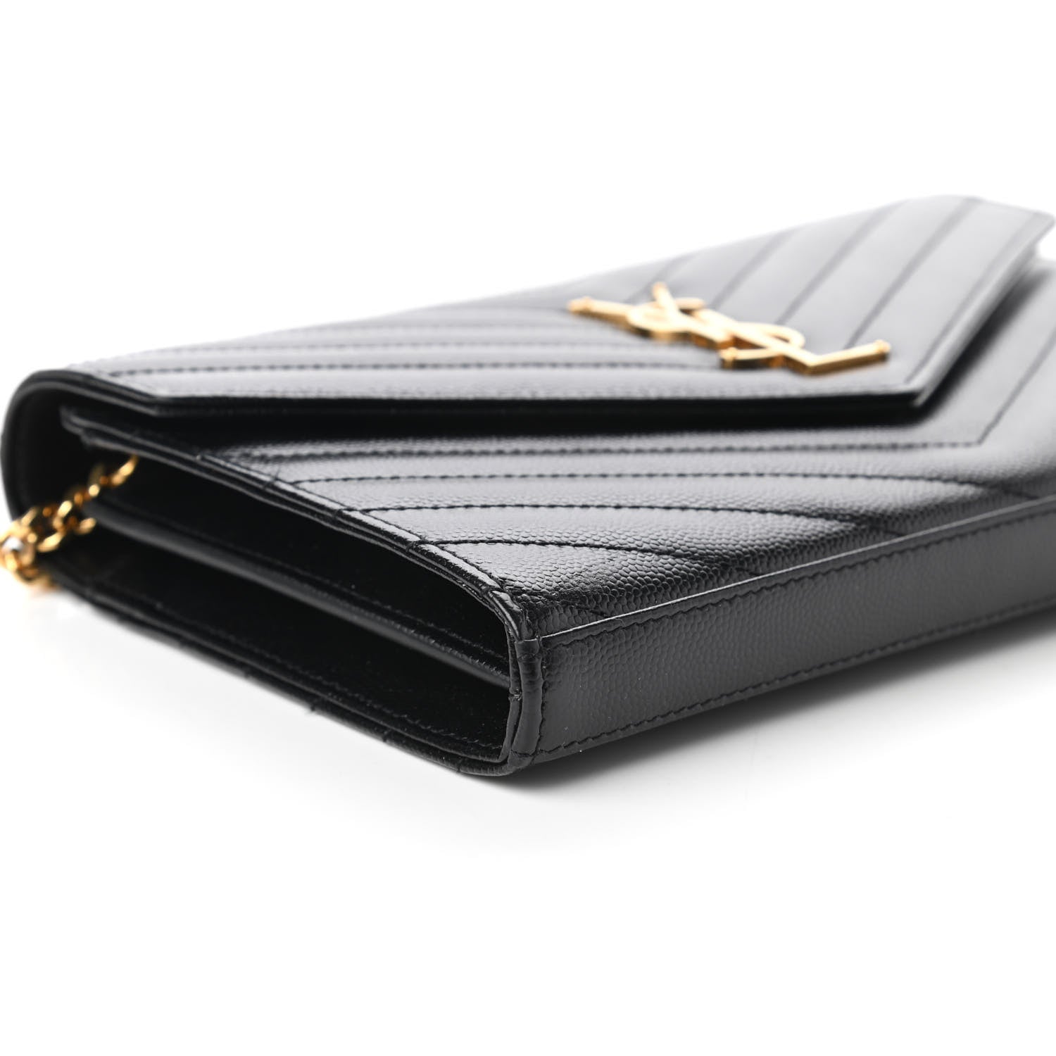 Saint Laurent Grain De Poudre Matelasse Chevron Monogram Chain Wallet Black 6 of 11
