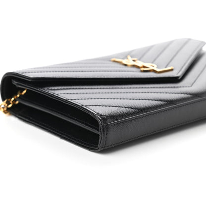 Saint Laurent Grain De Poudre Matelasse Chevron Monogram Chain Wallet Black 6 of 11