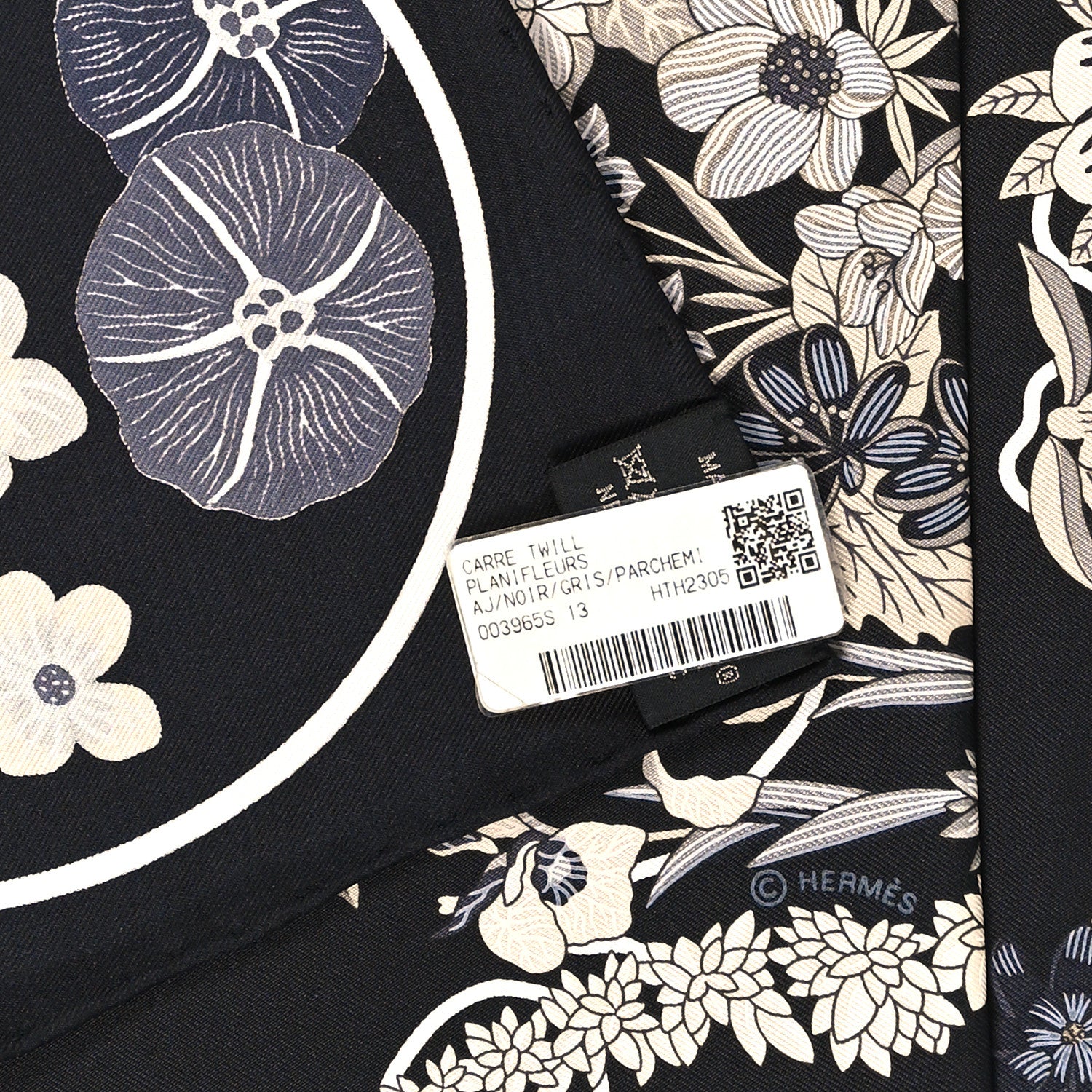 Hermes Silk Planifleurs Scarf 90 Black Gris Parchemin 3 of 3