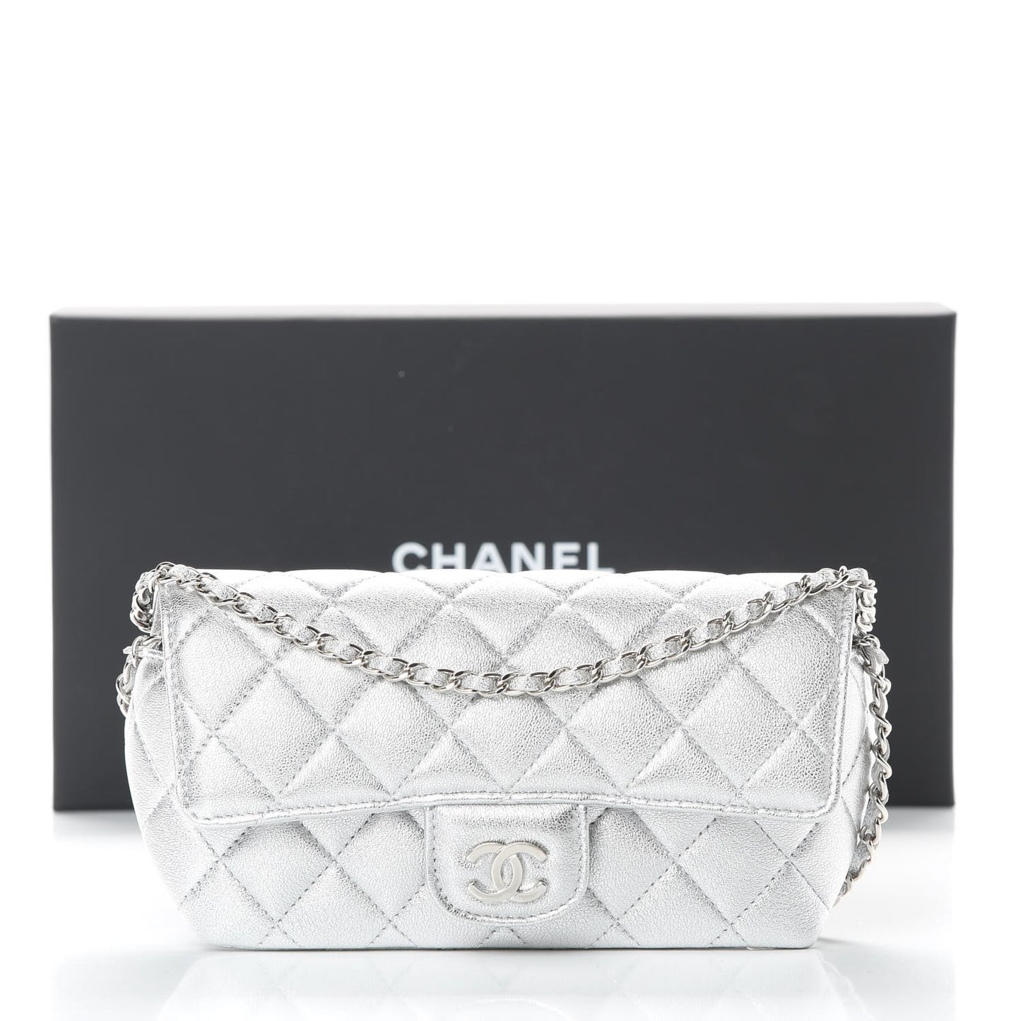 Metallic Lambskin Quilted Glasses Case With Chain Silver