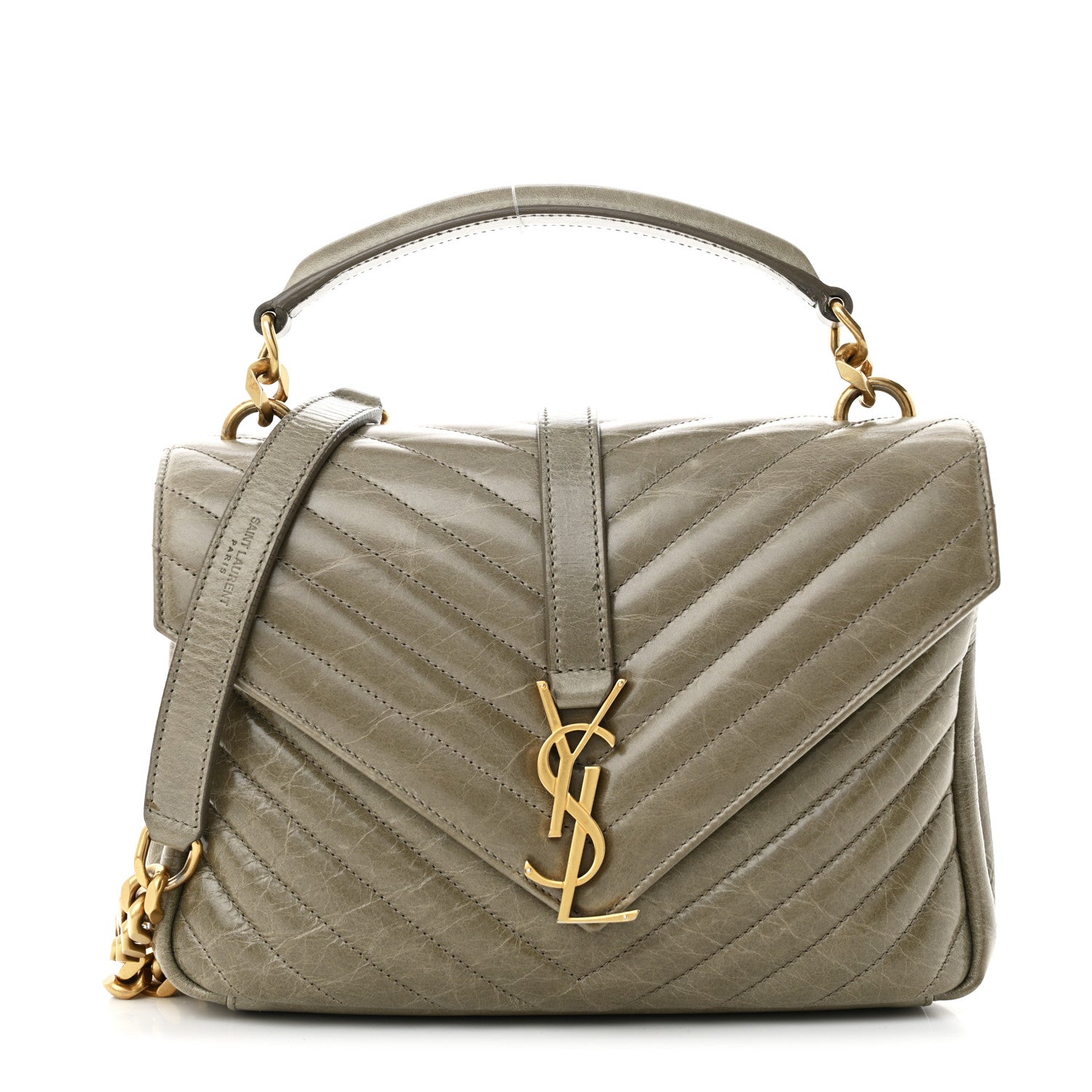 Saint Laurent Waxed Calfskin Matelasse Chevron Medium Monogram College Bag Fog Gray 1 of 12