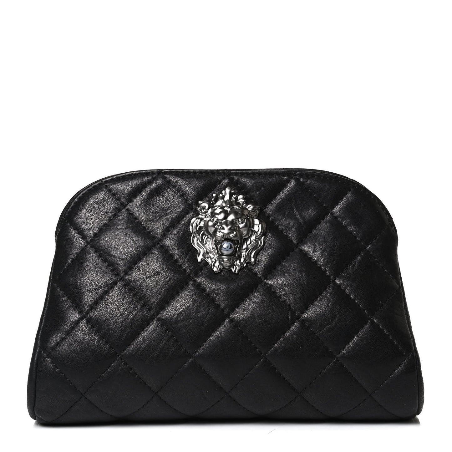 Aged Calfskin Quilted Leo Lion Clutch Black