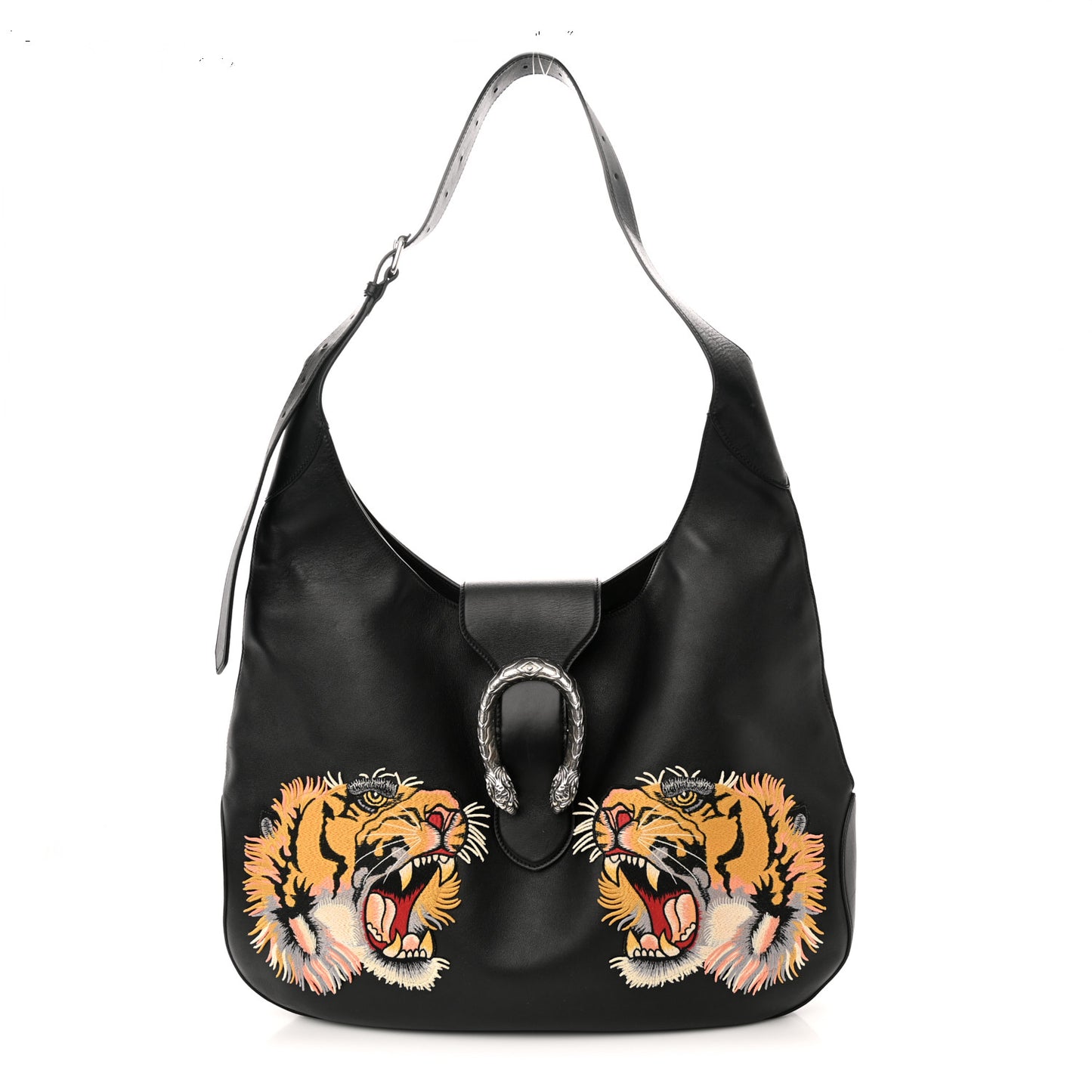 Calfskin Web Tiger Embroidered Large Dionysus Hobo Black