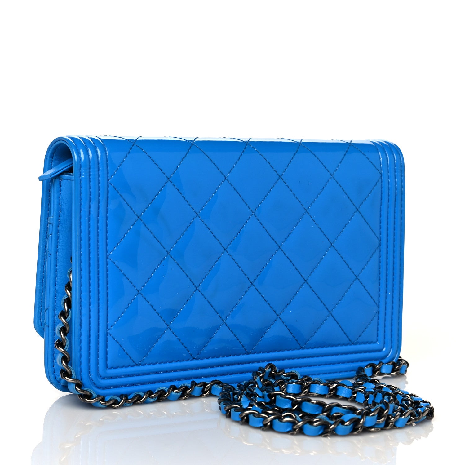 Chanel Patent Calfskin Quilted Boy Wallet On Chain WOC Blue 2 of 11