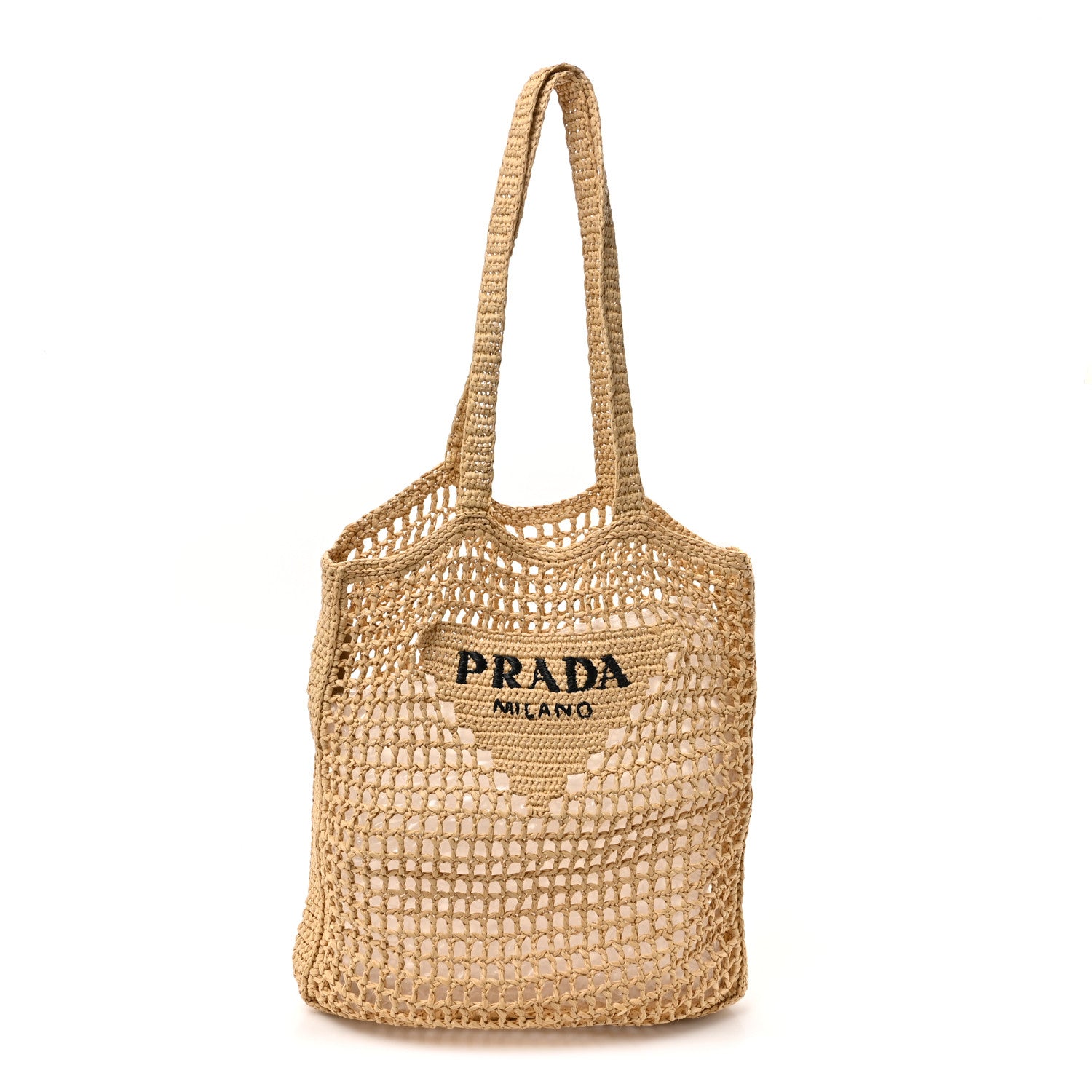 Prada Yarn Raffia Effect Crochet Logo Embroidered Tote Bag Naturale 1 of 9