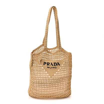 Prada Yarn Raffia Effect Crochet Logo Embroidered Tote Bag Naturale 1 of 9