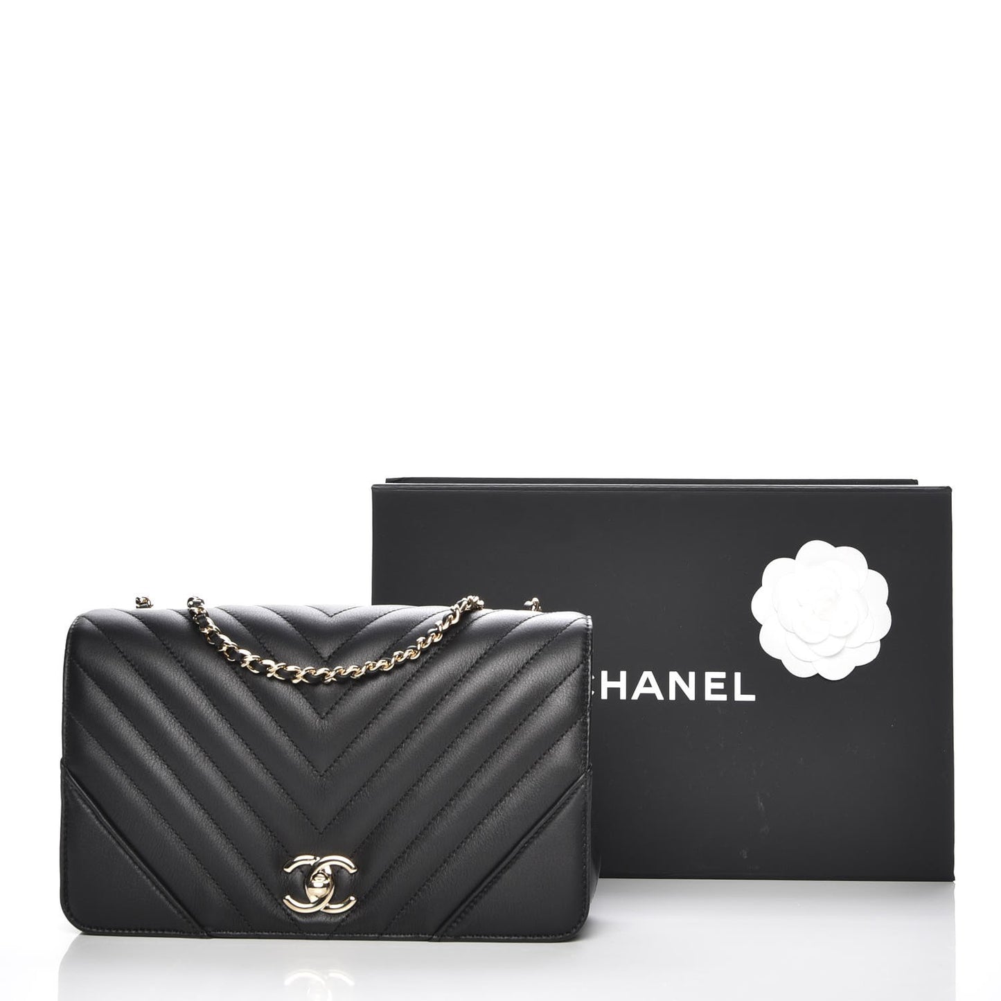 Calfskin Chevron Quilted Small Statement Flap Black