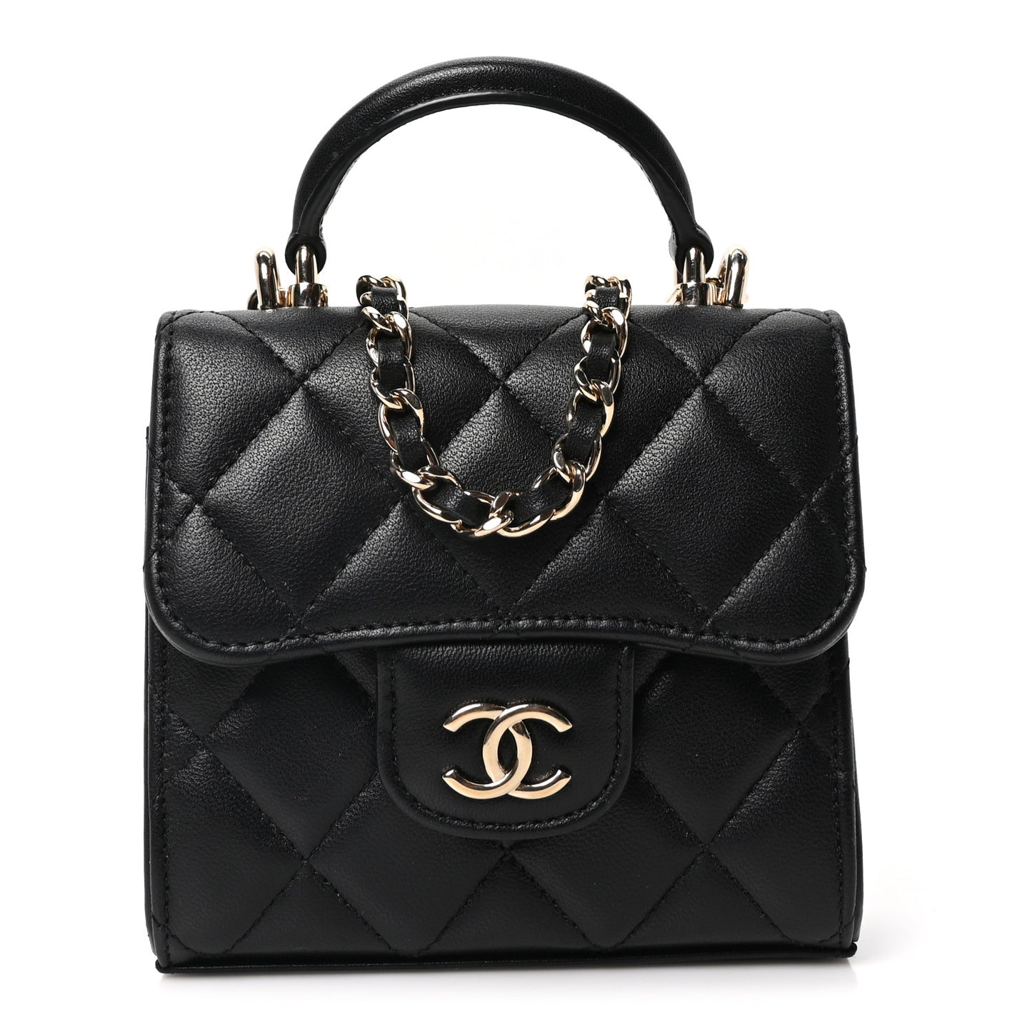Lambskin Quilted Top Handle Flap Clutch With Chain Black