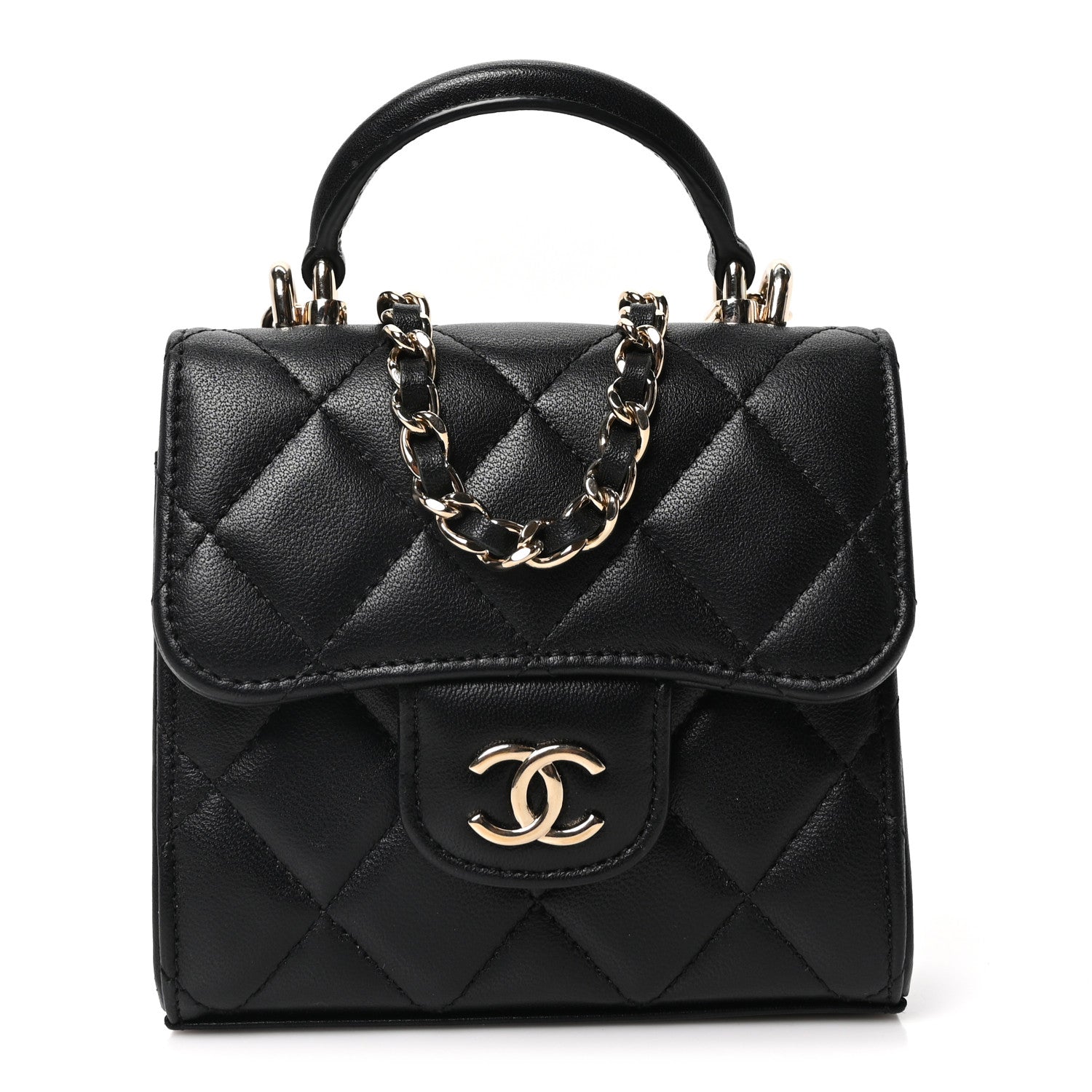 Chanel Lambskin Quilted Top Handle Flap Clutch With Chain Black 1 of 11