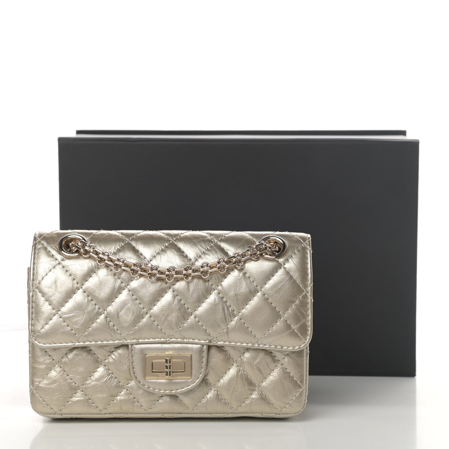 Metallic Aged Calfskin Quilted 2.55 Reissue Mini Flap Light Gold