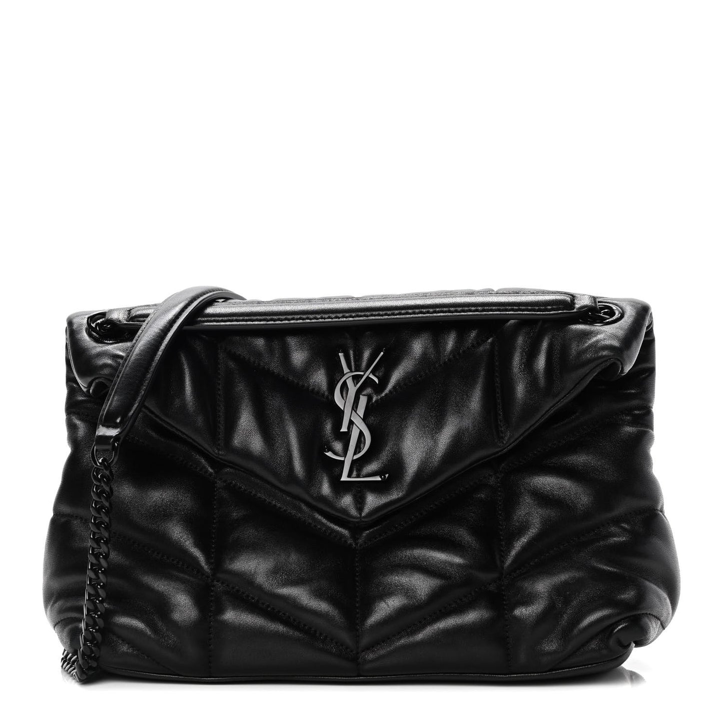 Lambskin Quilted Small Loulou Puffer Monogram Chain Satchel Black
