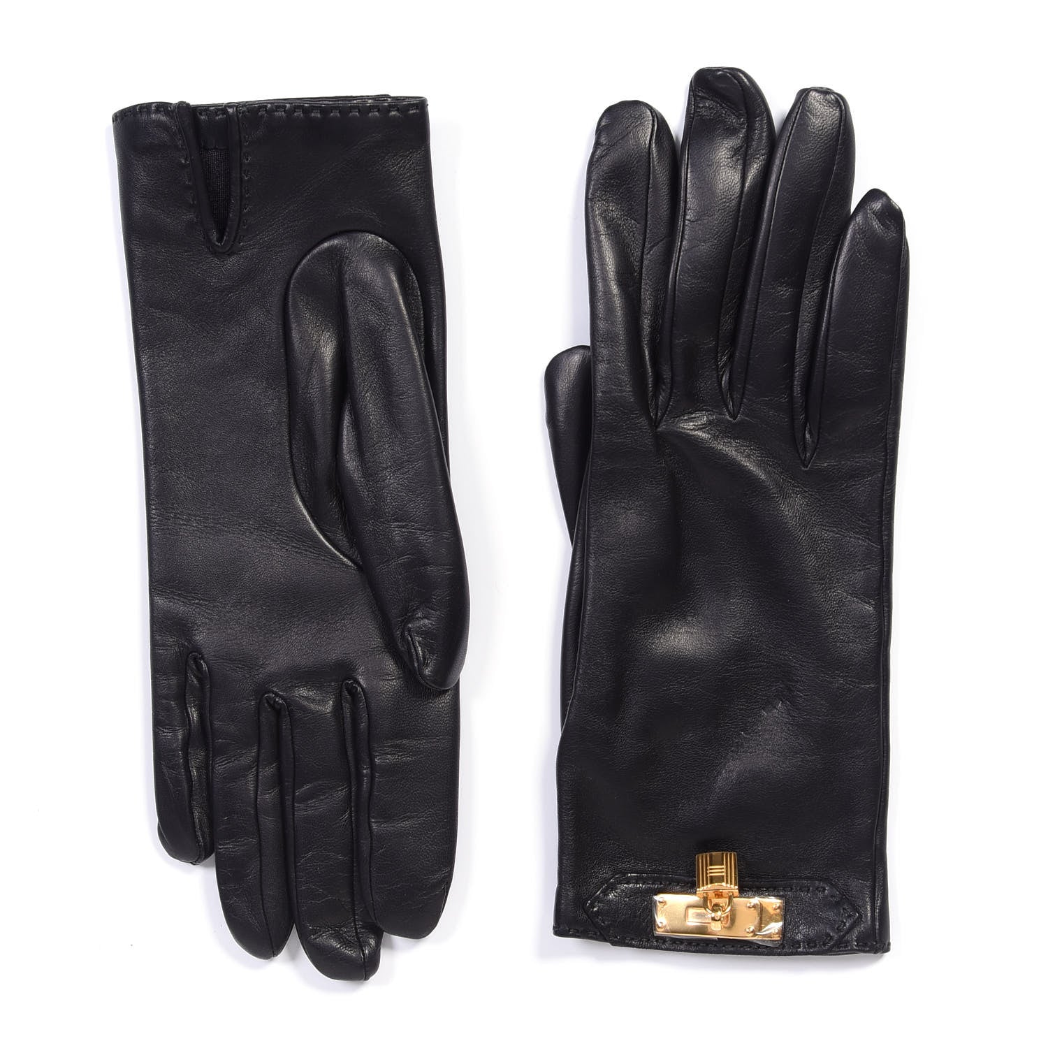 Hermes Lambskin Soya Kelly Lock Gloves 6.5 Black 2 of 3