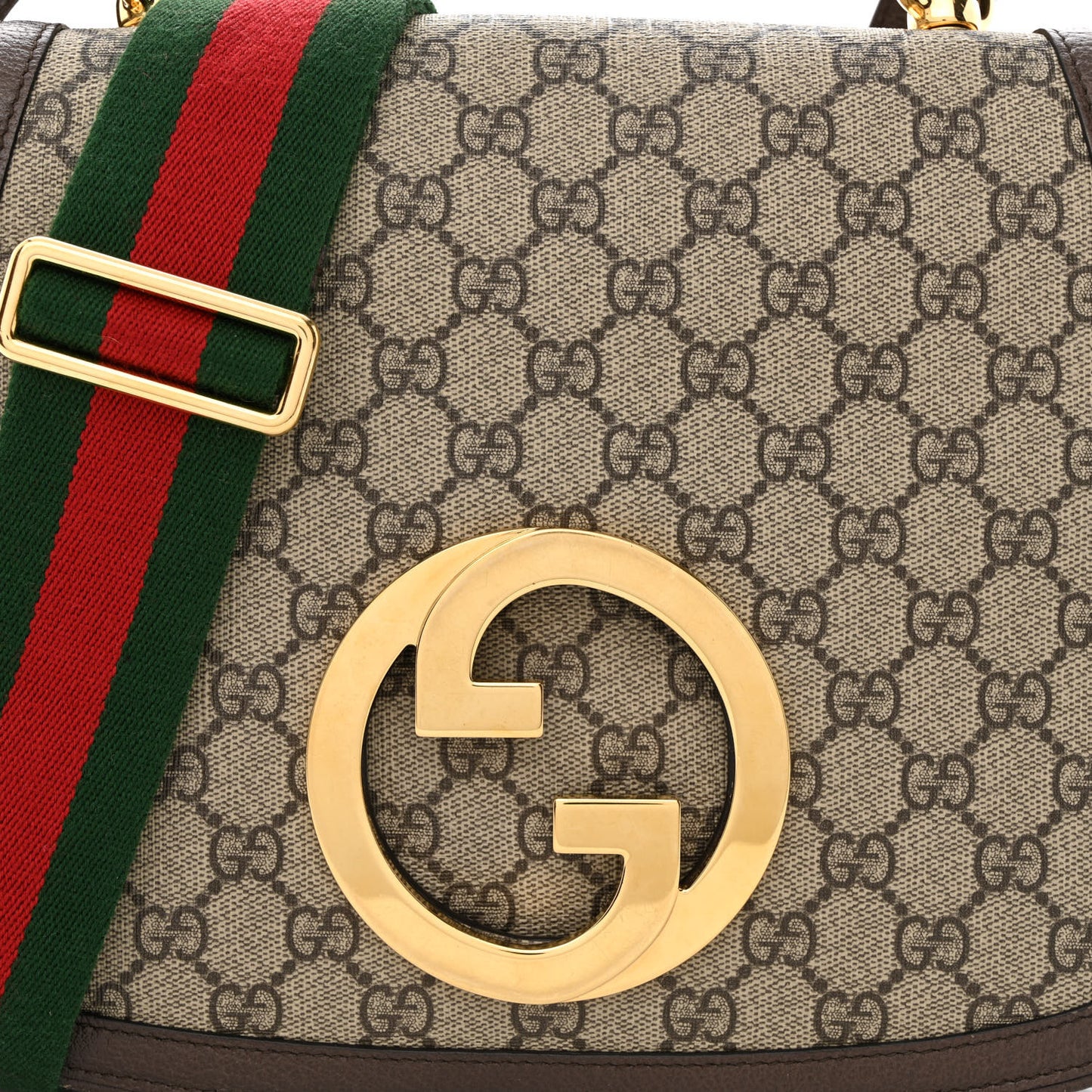 GG Supreme Monogram Textured Dollar Calfskin Web Medium Blondie Shoulder Flap Bag Beige Ebony New Acero