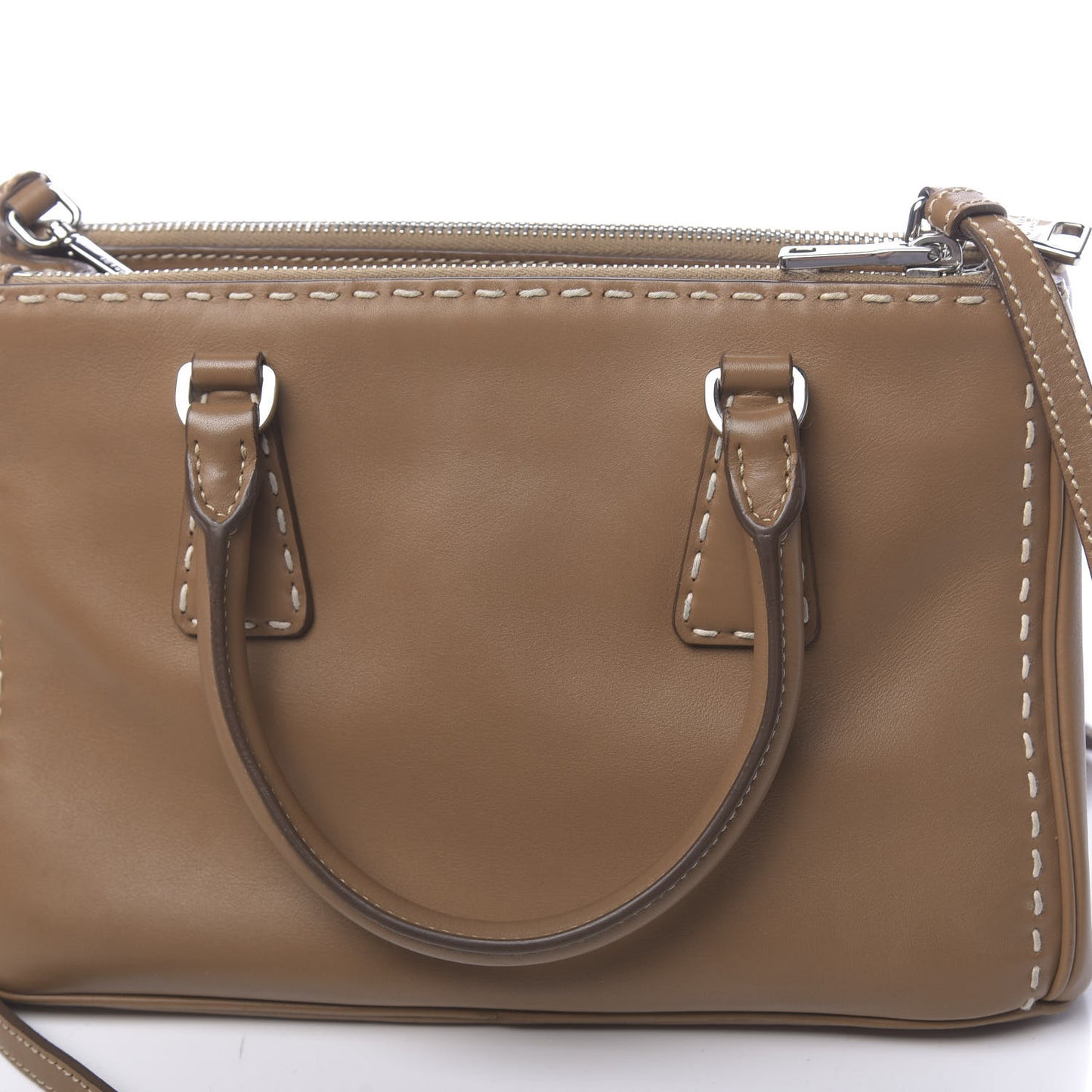City Calf Mini Hand Stitched Galleria Double Zip Tote Caramel