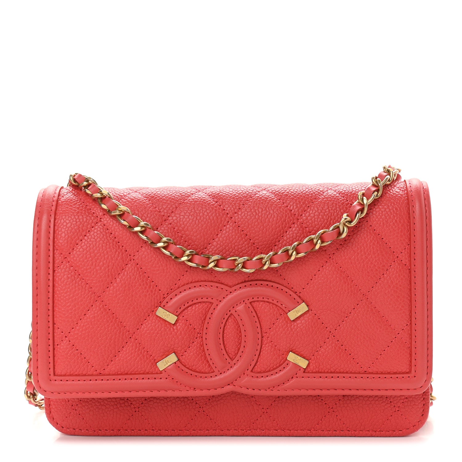 Chanel Caviar Quilted CC Filigree Wallet On Chain WOC Coral 1 of 10