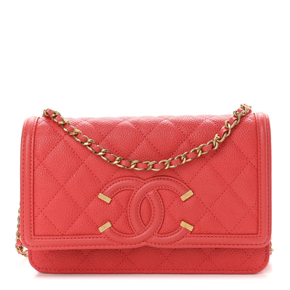 Chanel Caviar Quilted CC Filigree Wallet On Chain WOC Coral 1 of 10