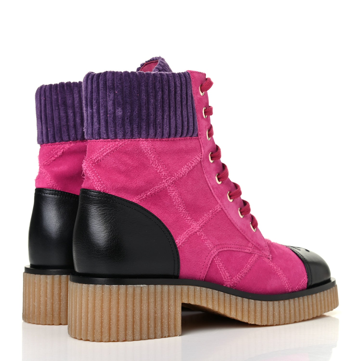 Chanel Suede Calfskin Velvet Lace Up Boots 40 Pink Black Purple 3 of 4