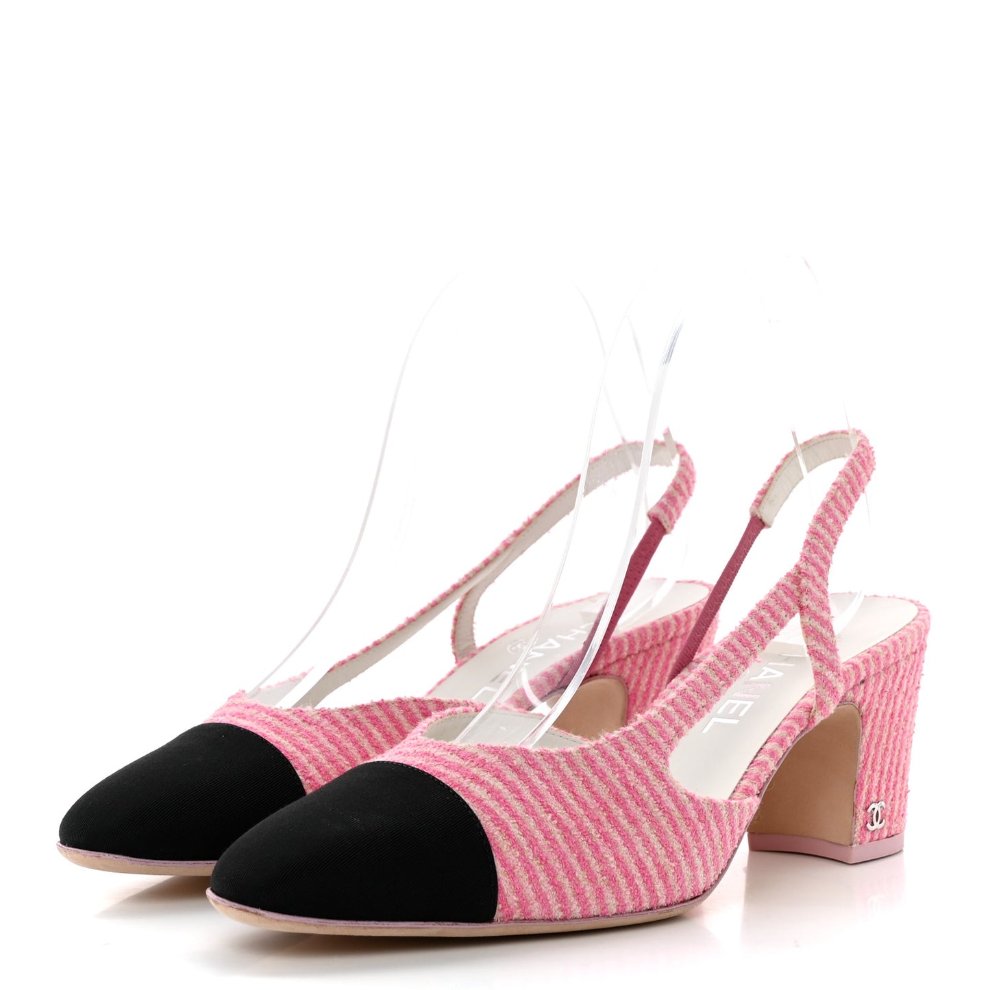 Fabric Grosgrain Cap Toe CC Striped Slingback Pumps 36 Pink Black 39.5 Pink Black