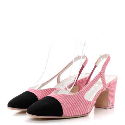 Chanel Fabric Grosgrain Cap Toe CC Striped Slingback Pumps 36 Pink Black 39.5 Pink Black 3 of 10