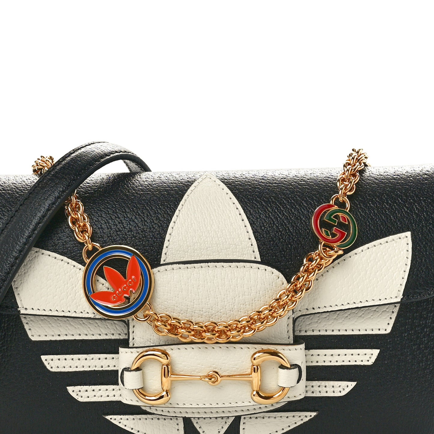 X ADIDAS Textured Dollar Calfskin Web Small Trefoil Horsebit 1955 Shoulder Bag Black Off White