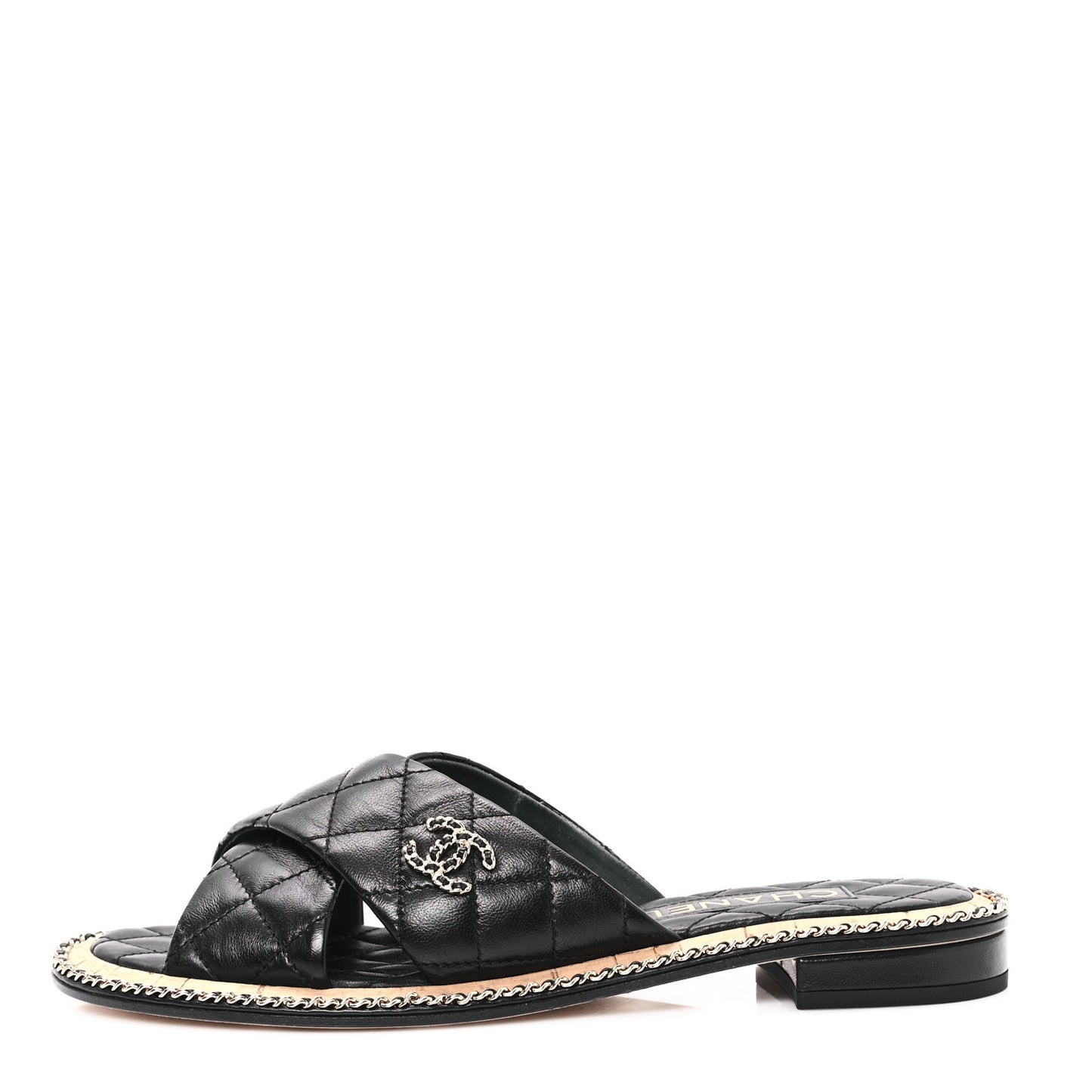 Lambskin Quilted Chain CC Sandals 39 Black