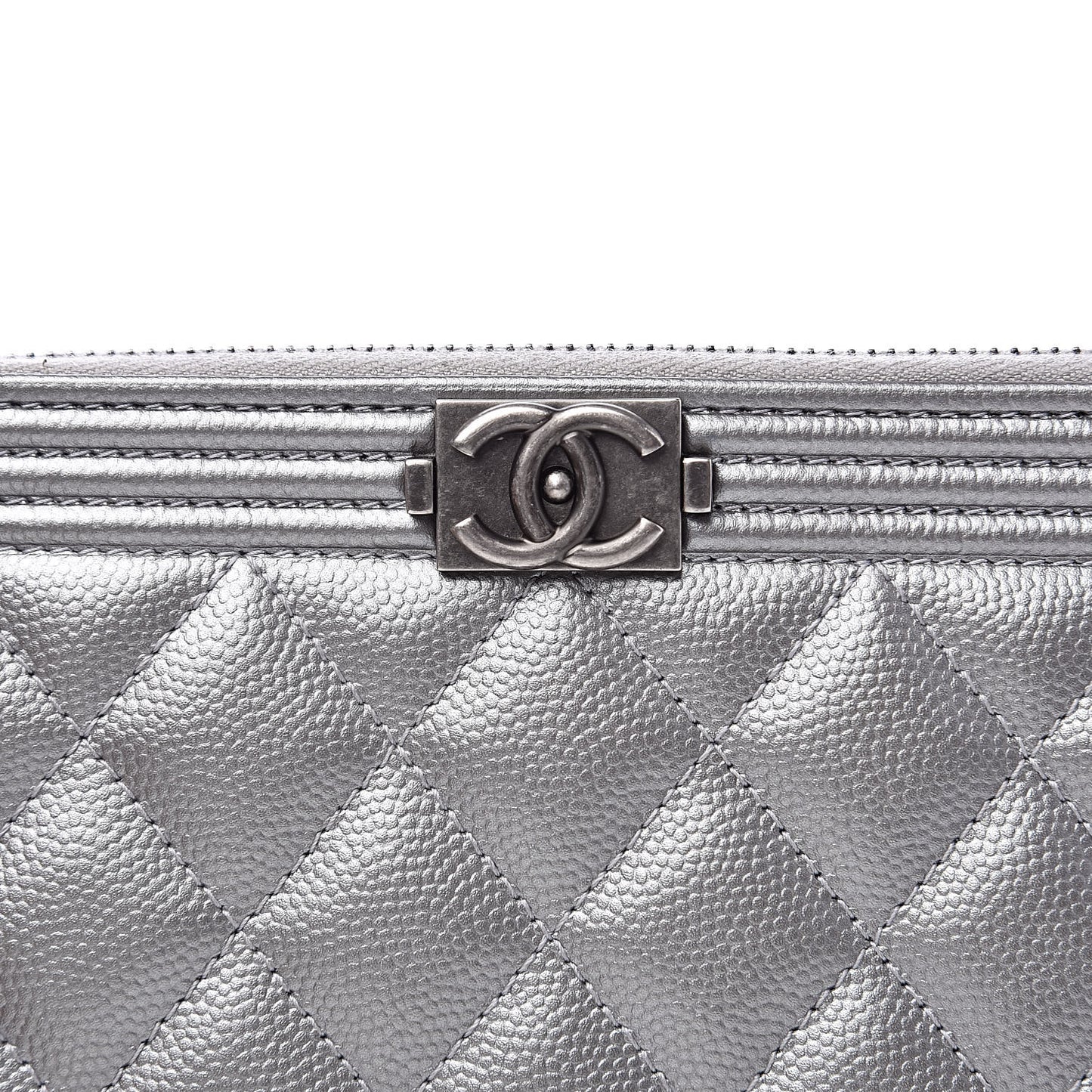 Metallic Caviar Quilted Small Boy Clutch With Chain Silver